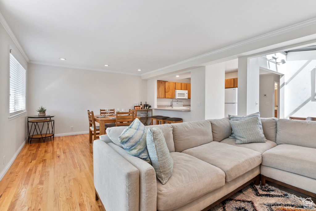 Living room featuring light wood-type flooring and ornamental molding