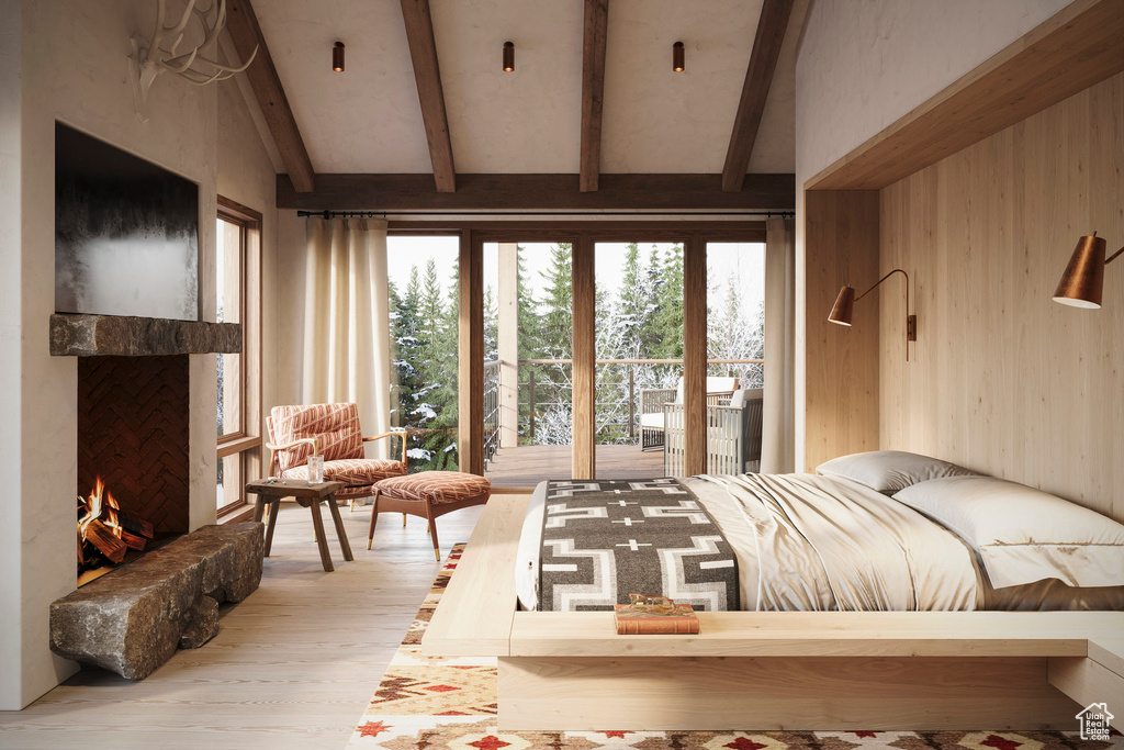 Bedroom with a fireplace, light wood-type flooring, lofted ceiling with beams, wood walls, and access to exterior