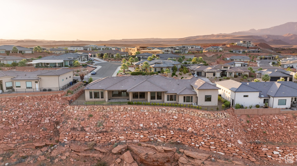 Aerial view at dusk with a mountain view