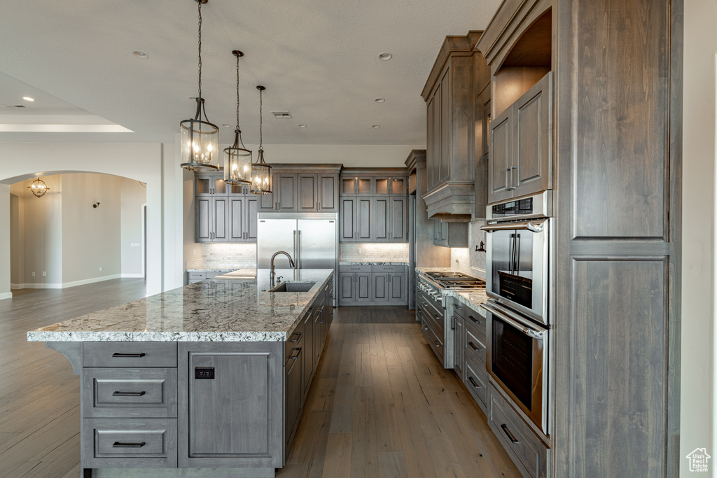 Kitchen featuring stainless steel appliances, pendant lighting, light wood-type flooring, a large island, and sink