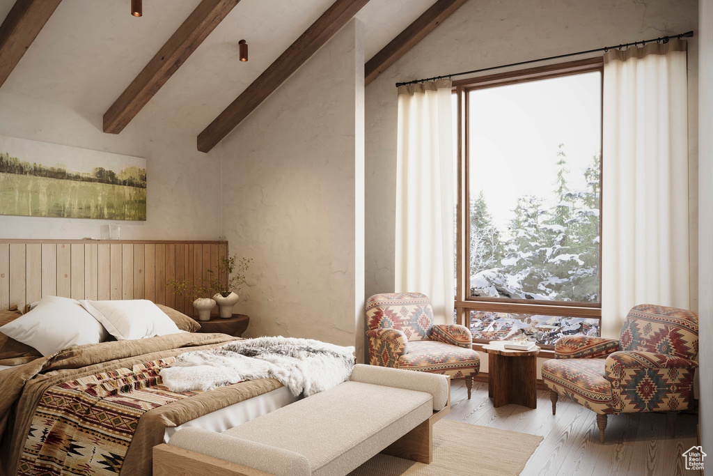 Bedroom with lofted ceiling with beams and light wood-type flooring