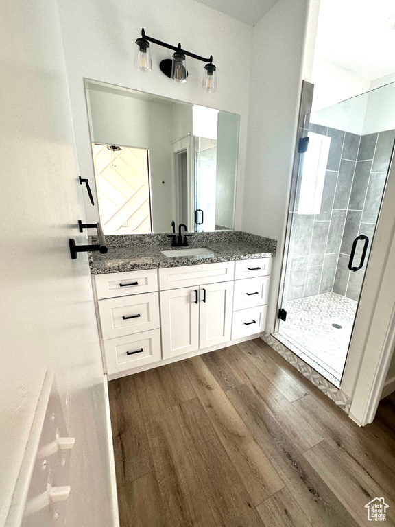 Bathroom featuring wood finished floors, vanity, and a stall shower