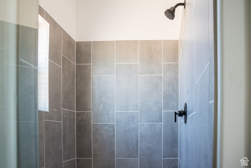 Bathroom view of tiled shower