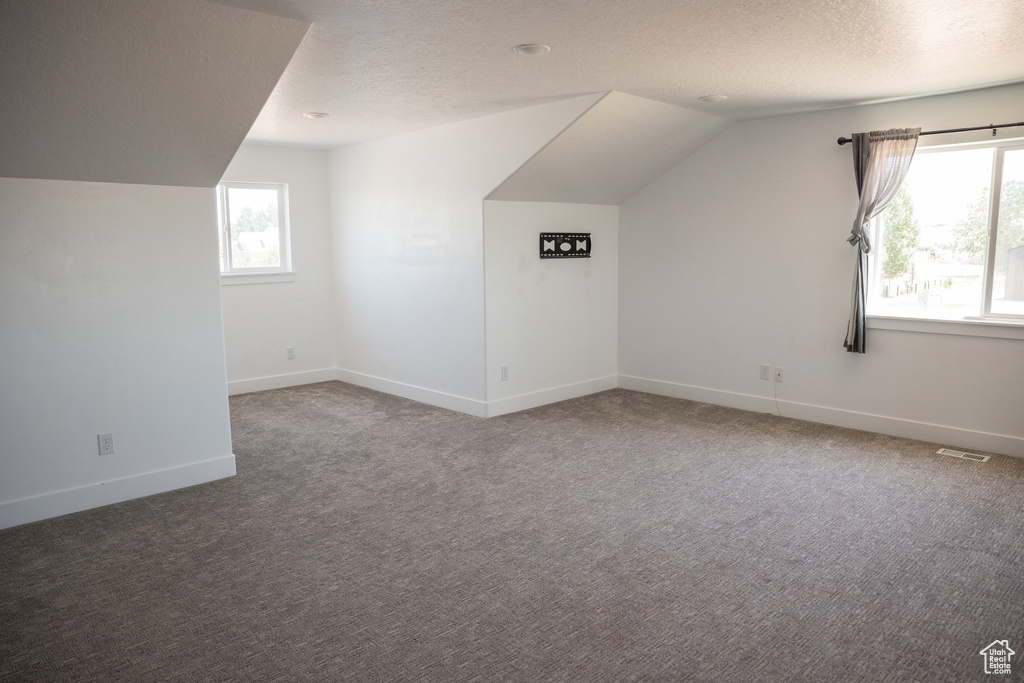 Bonus room featuring a textured ceiling, carpet, and vaulted ceiling