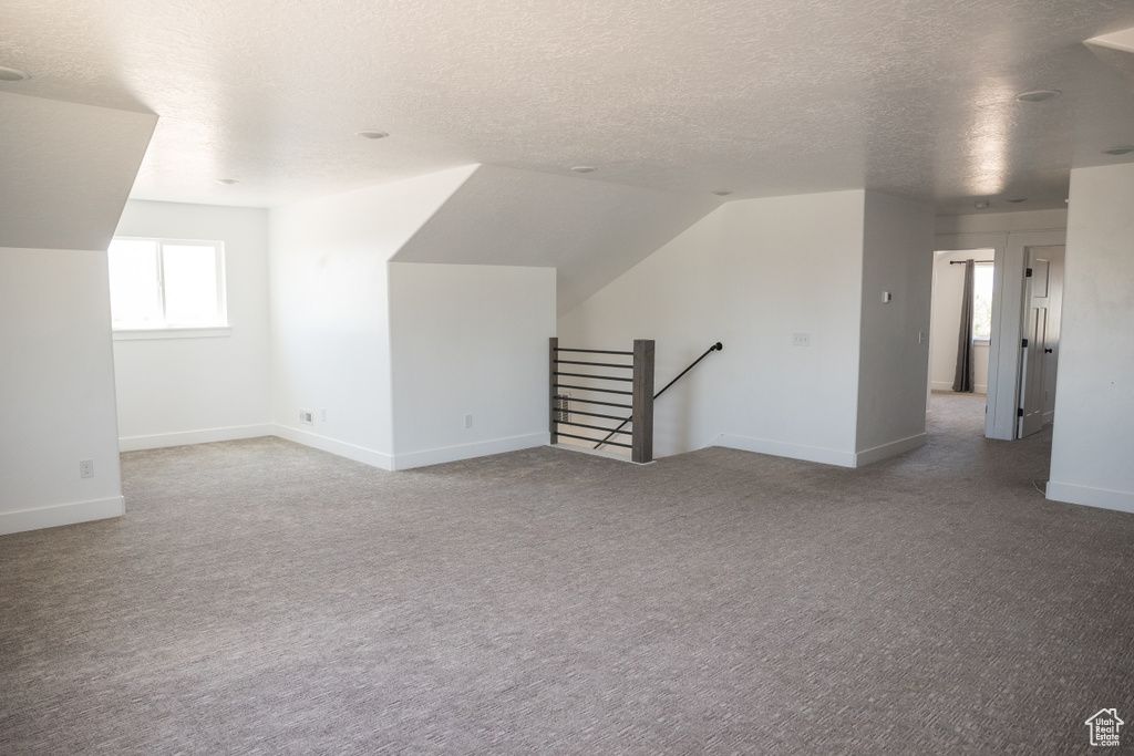 Additional living space with carpet and a textured ceiling