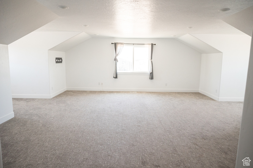 Additional living space with vaulted ceiling, carpet floors, and a textured ceiling