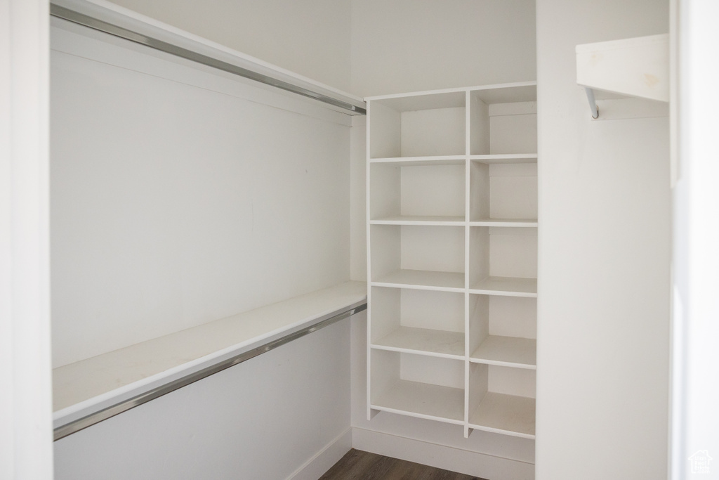 Walk in closet featuring dark wood finished floors