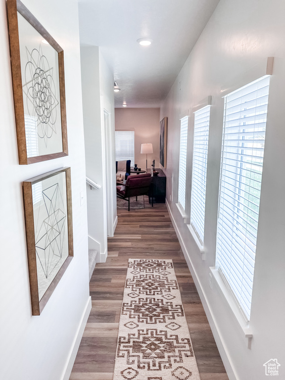 Hallway with wood-type flooring and a healthy amount of sunlight