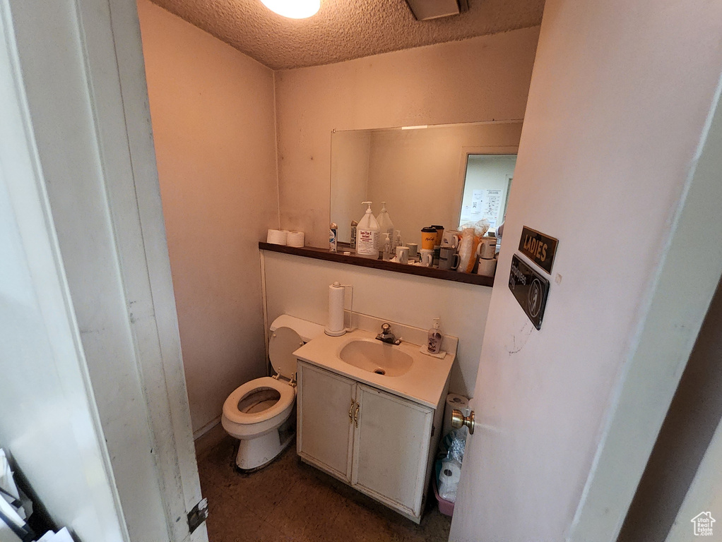 Bathroom featuring vanity, a textured ceiling, and toilet