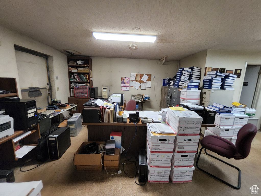 Office area featuring carpet flooring and a textured ceiling