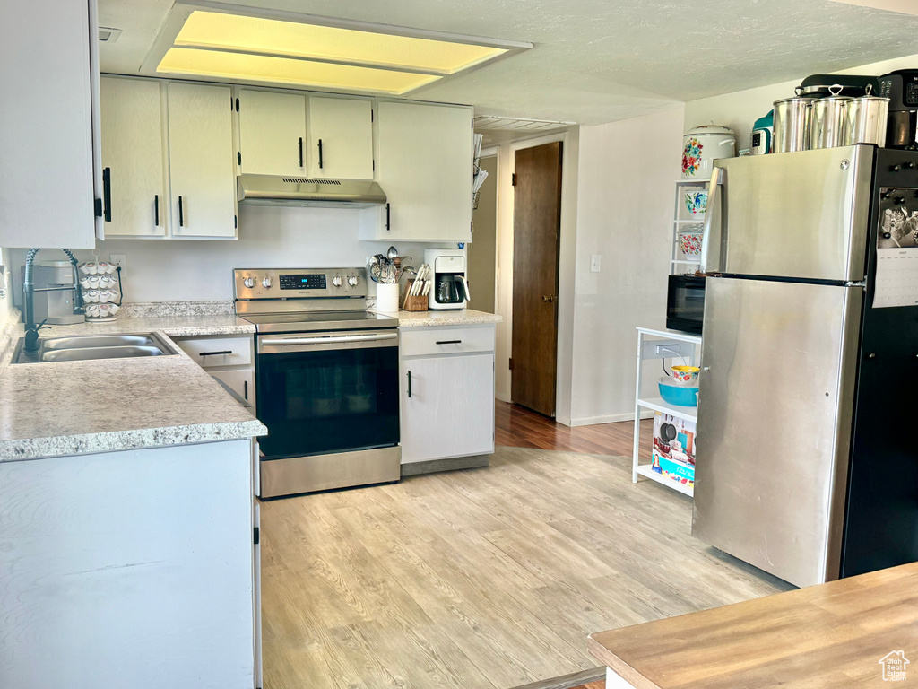Kitchen featuring light hardwood / wood-style floors, appliances with stainless steel finishes, and sink