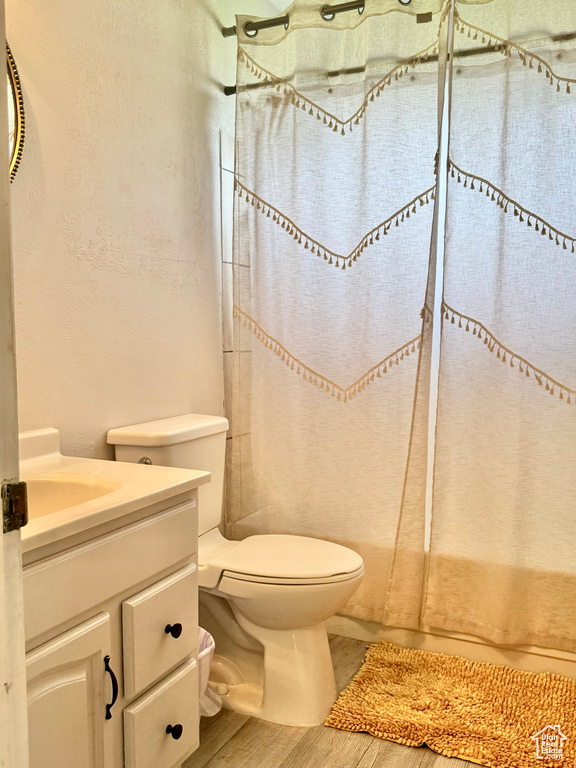 Bathroom featuring vanity, hardwood / wood-style flooring, and toilet