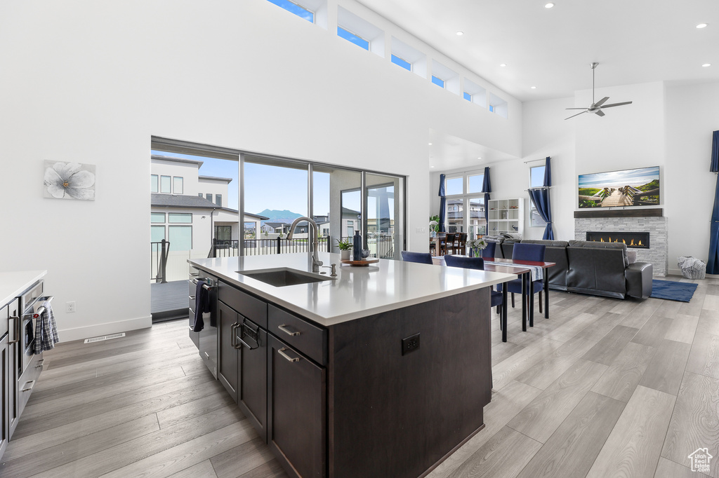 Kitchen featuring a fireplace, a healthy amount of sunlight, light hardwood / wood-style flooring, and a center island with sink