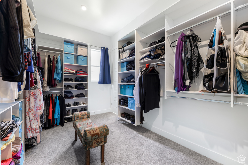 Walk in closet featuring light colored carpet