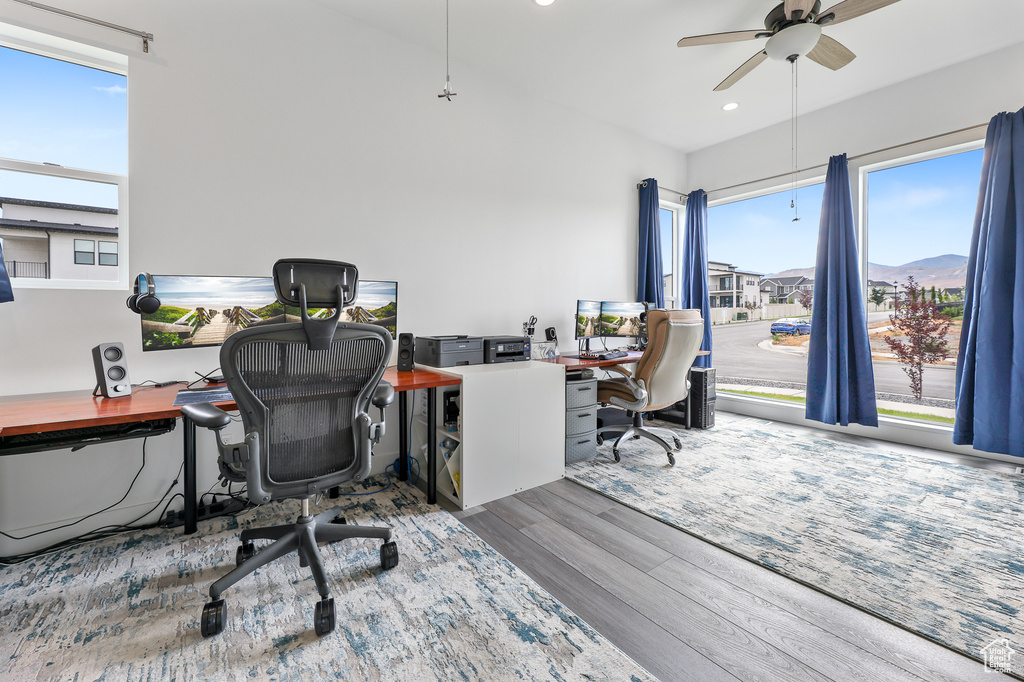 Office space featuring hardwood / wood-style flooring and ceiling fan