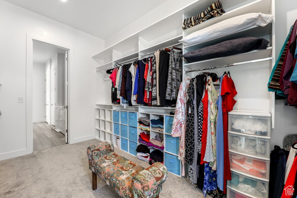 Spacious closet with light colored carpet