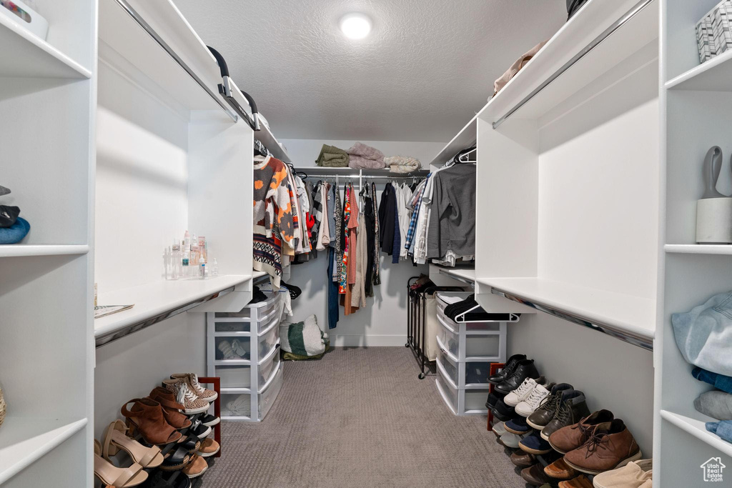 Walk in closet featuring light carpet