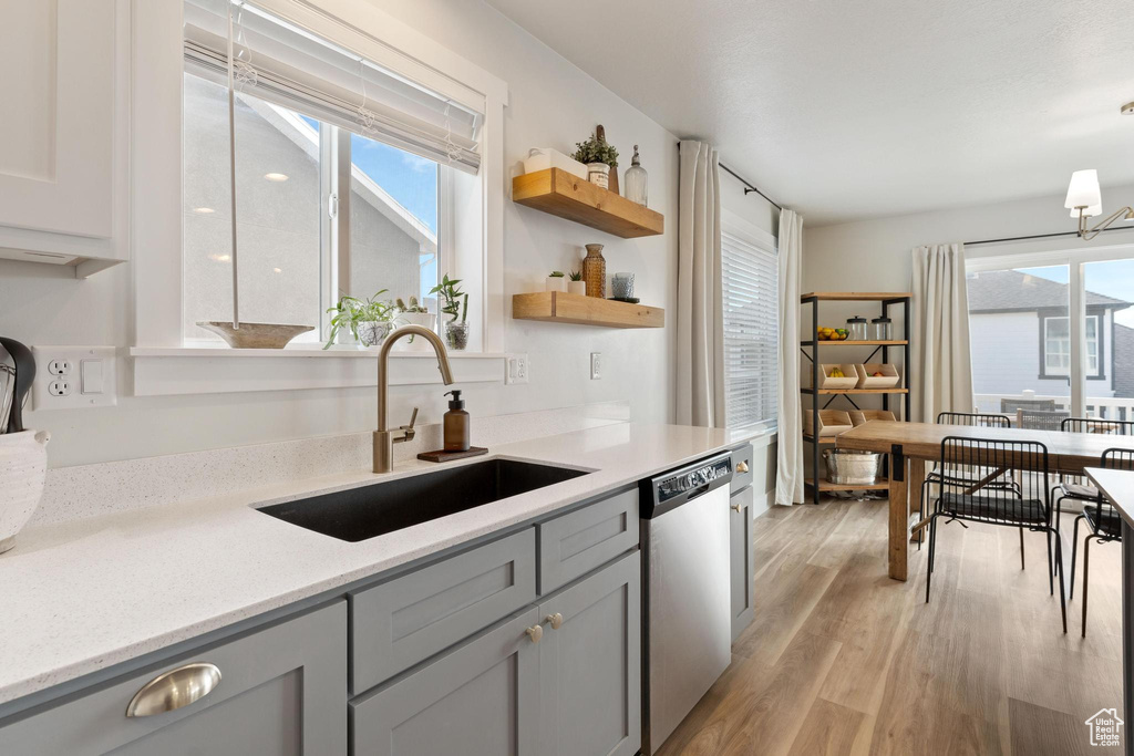 Kitchen featuring dishwasher, a healthy amount of sunlight, light hardwood / wood-style floors, and sink