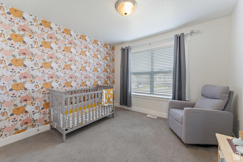 Carpeted bedroom featuring a nursery area