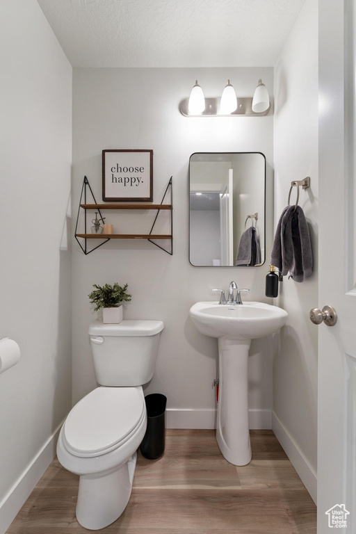 Bathroom with hardwood / wood-style flooring, toilet, and a textured ceiling