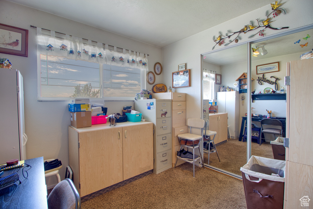 Office area with dark colored carpet