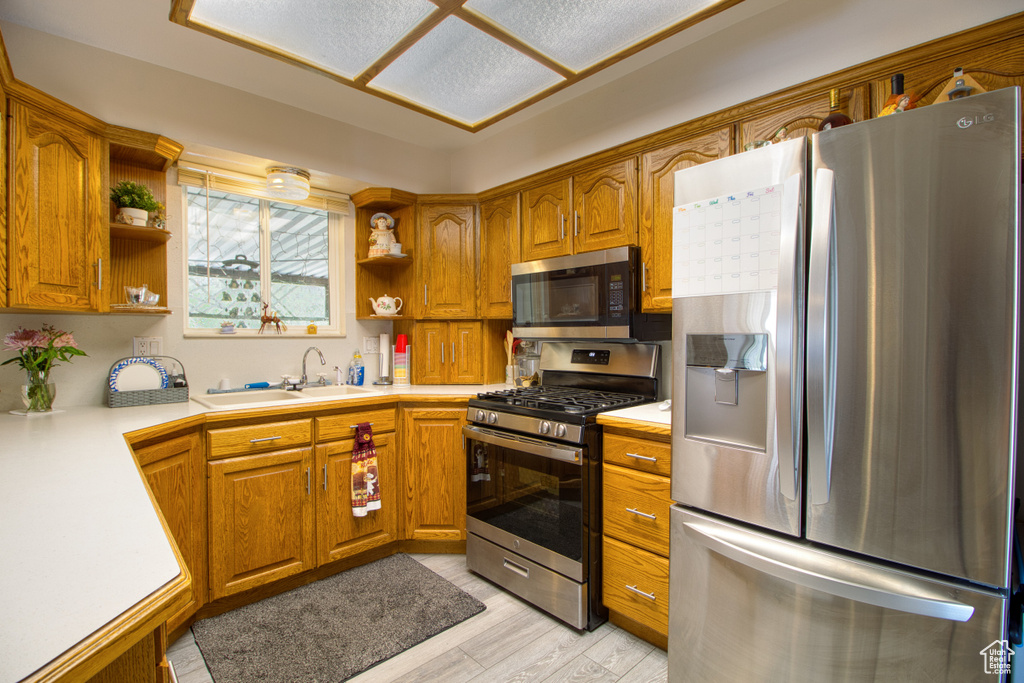 Kitchen with appliances with stainless steel finishes, light hardwood / wood-style flooring, and sink