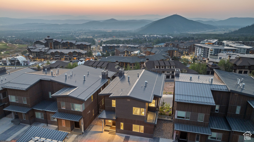 Aerial view at dusk with a mountain view