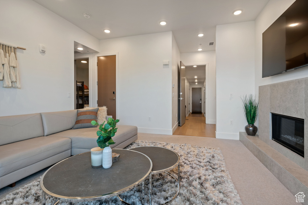 Living room featuring a premium fireplace and light hardwood / wood-style floors