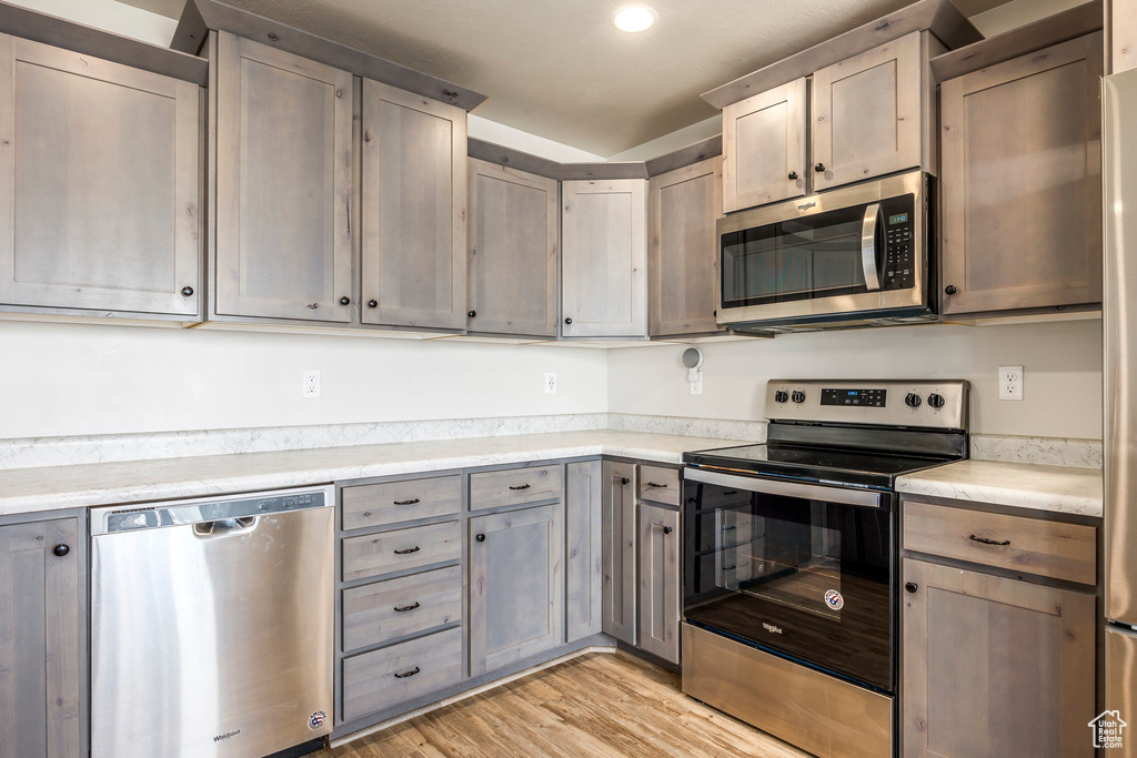 Kitchen with light hardwood / wood-style flooring and stainless steel appliances