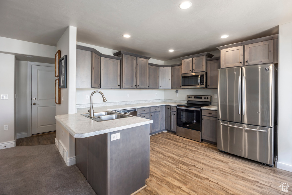 Kitchen featuring sink, appliances with stainless steel finishes, light wood-type flooring, and kitchen peninsula