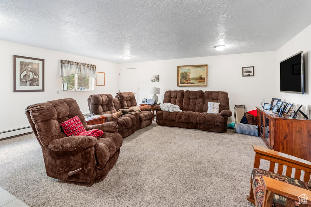 Living room with carpet floors and a textured ceiling