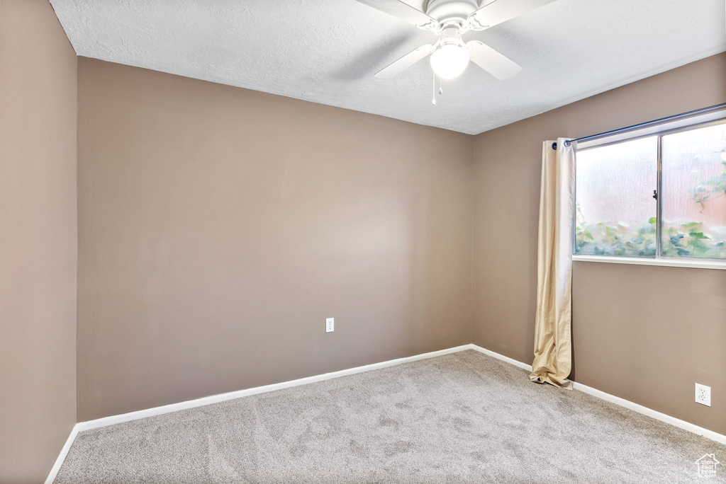 Spare room with carpet, ceiling fan, and a textured ceiling