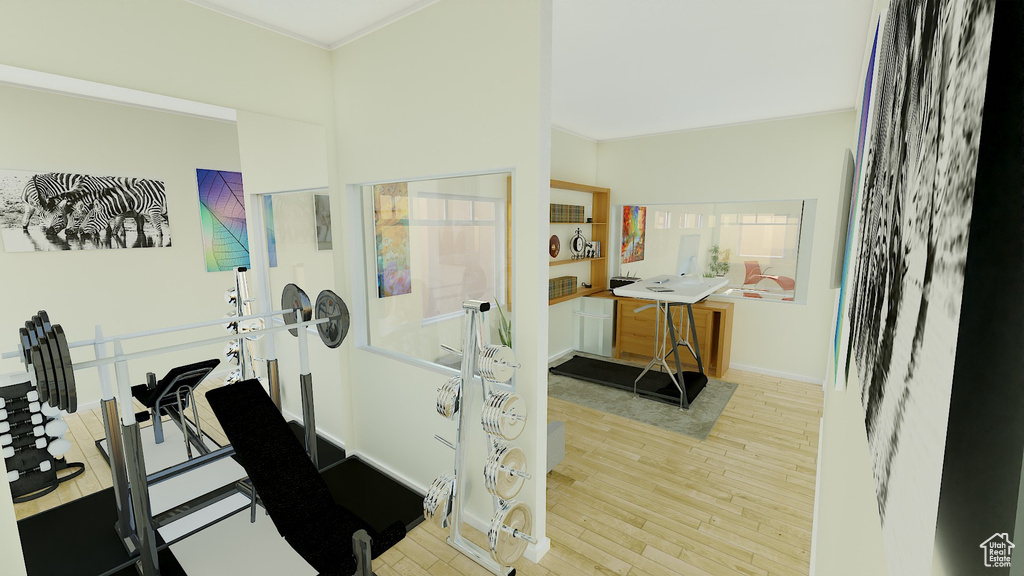 Workout room featuring crown molding and light hardwood / wood-style floors