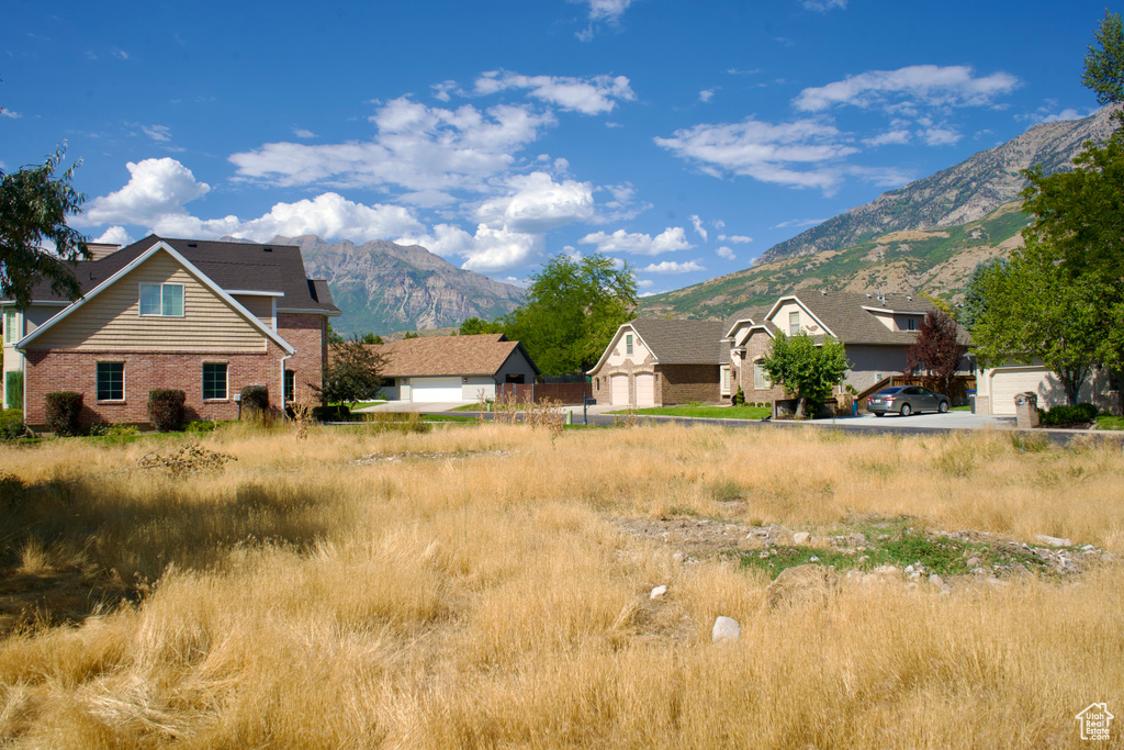 View of yard featuring a mountain view and a garage