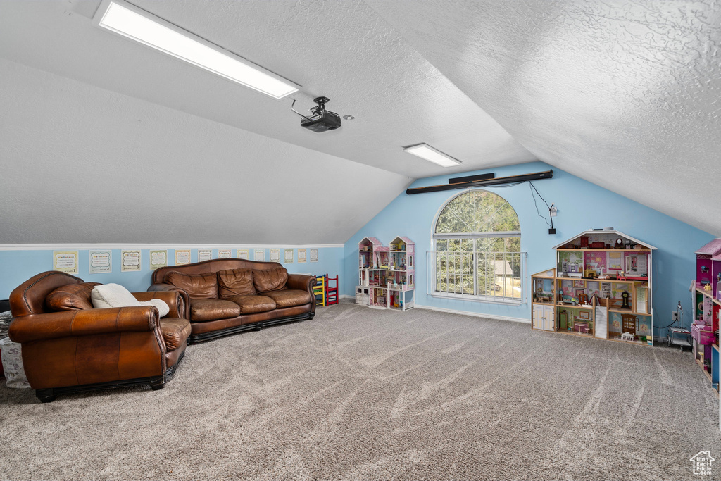 Rec room featuring a textured ceiling, lofted ceiling, and carpet