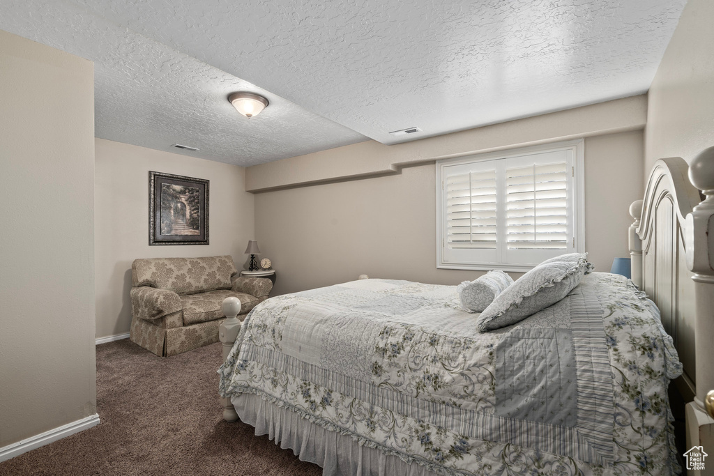 Carpeted bedroom featuring a textured ceiling