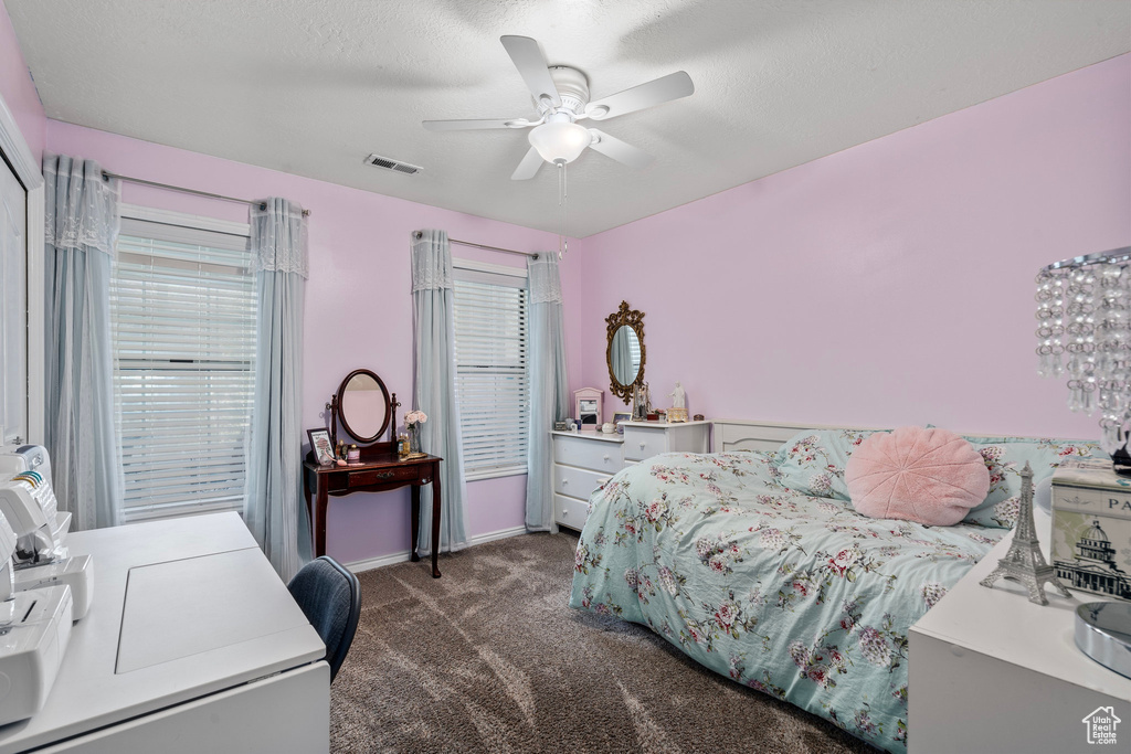 Carpeted bedroom featuring ceiling fan and multiple windows