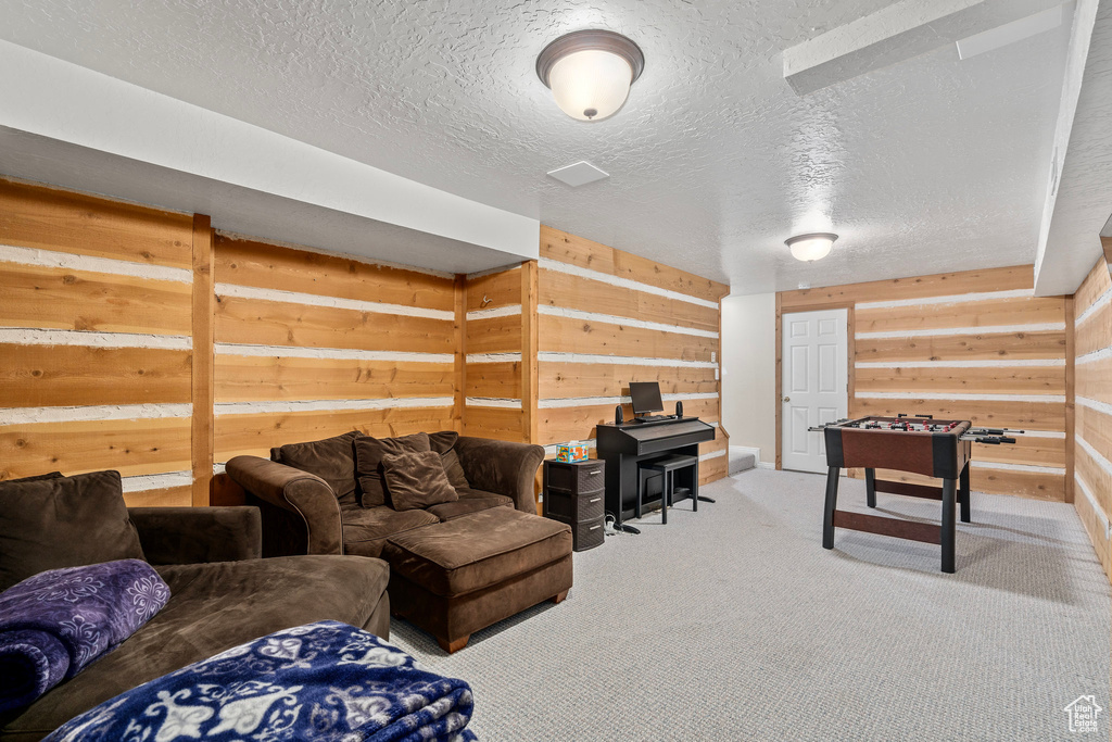 Living room featuring a textured ceiling, carpet floors, and wooden walls