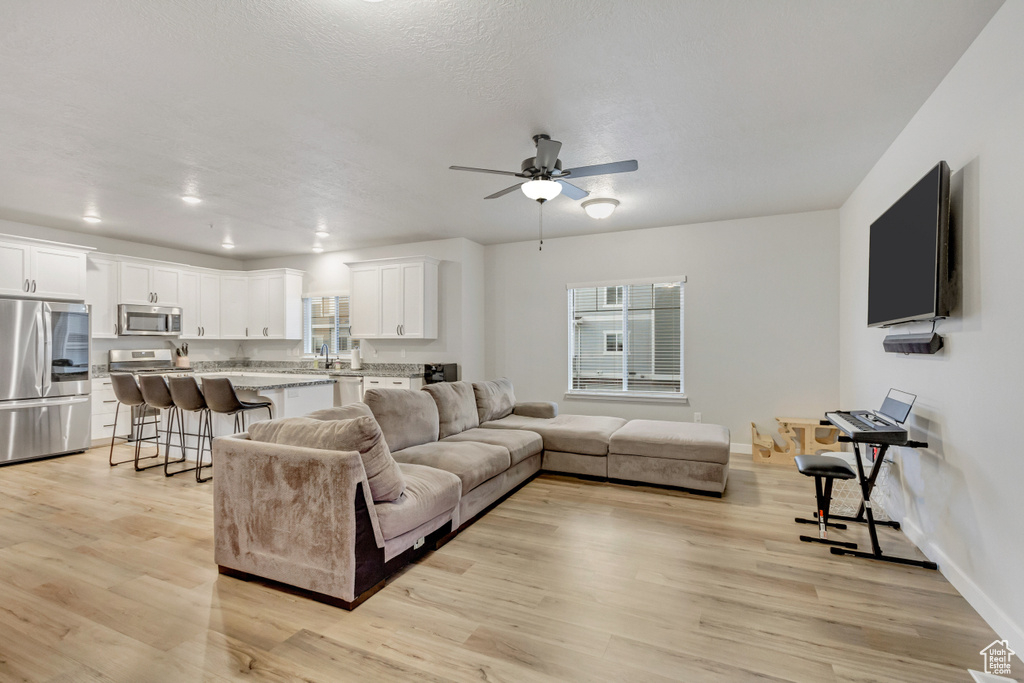 Living room featuring light hardwood / wood-style flooring, sink, and ceiling fan