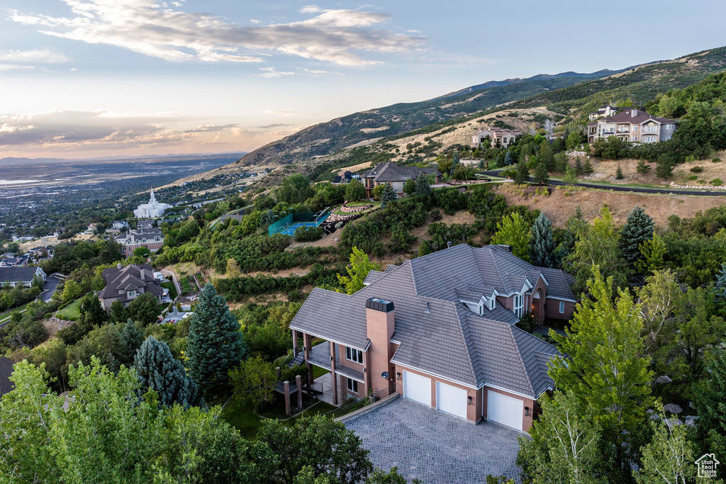 Aerial view at dusk with a mountain view