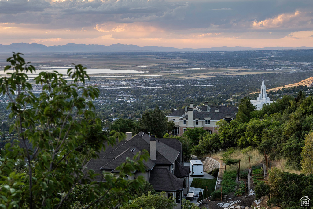 Aerial view at dusk with a mountain view