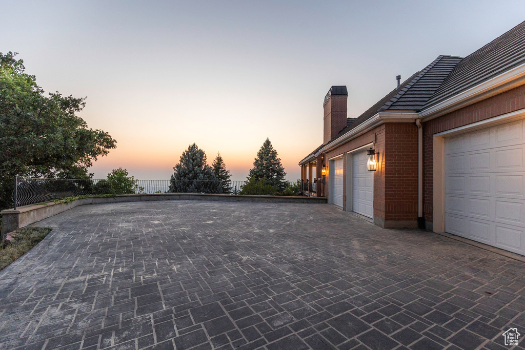 Exterior space featuring a garage