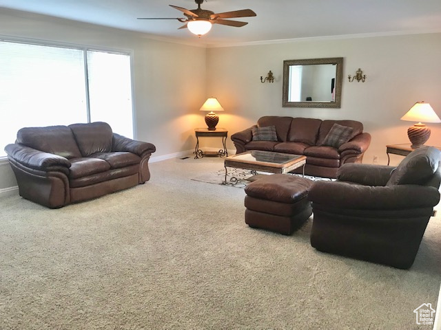 Carpeted living room featuring ceiling fan and ornamental molding