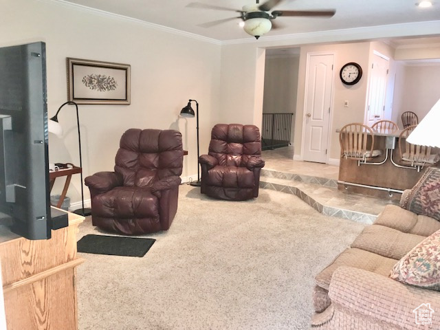 Carpeted living room featuring ceiling fan and crown molding