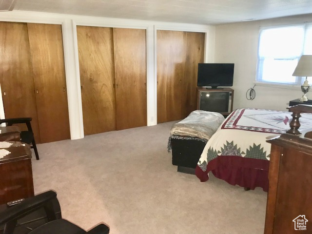 Carpeted bedroom with two closets