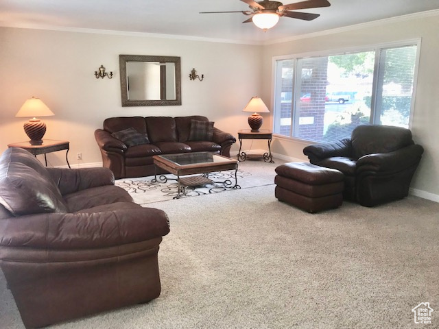 Living room featuring carpet, ornamental molding, and ceiling fan