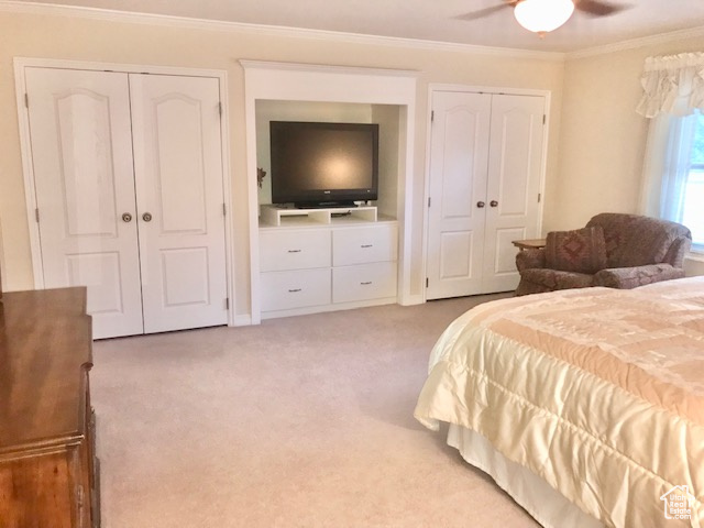 Bedroom with multiple closets, light colored carpet, crown molding, and ceiling fan