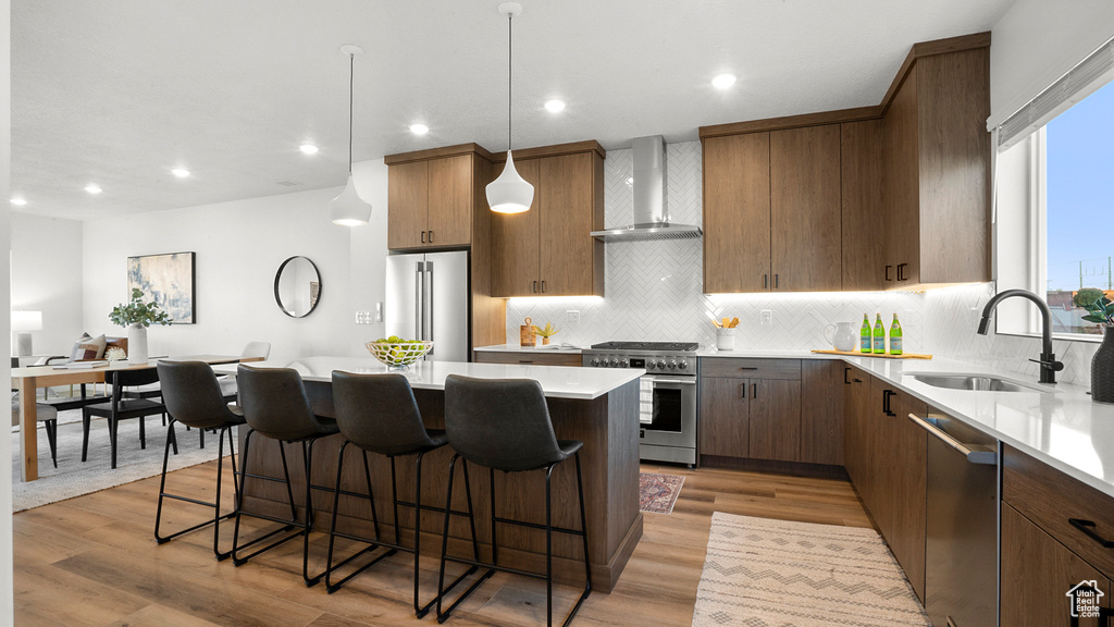 Kitchen featuring wall chimney range hood, a kitchen island, light hardwood / wood-style floors, high end appliances, and sink