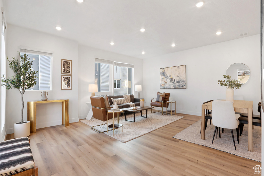 Living room featuring plenty of natural light and light wood-type flooring