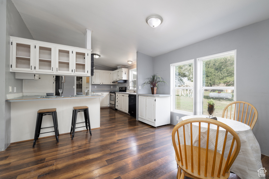 Kitchen featuring vaulted ceiling, dark hardwood / wood-style floors, appliances with stainless steel finishes, kitchen peninsula, and white cabinetry